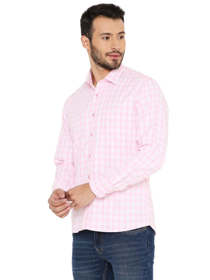 Slim Fit Small Checks Shirt in light pink, featuring a tailored fit and breathable fabric for all-day comfort.