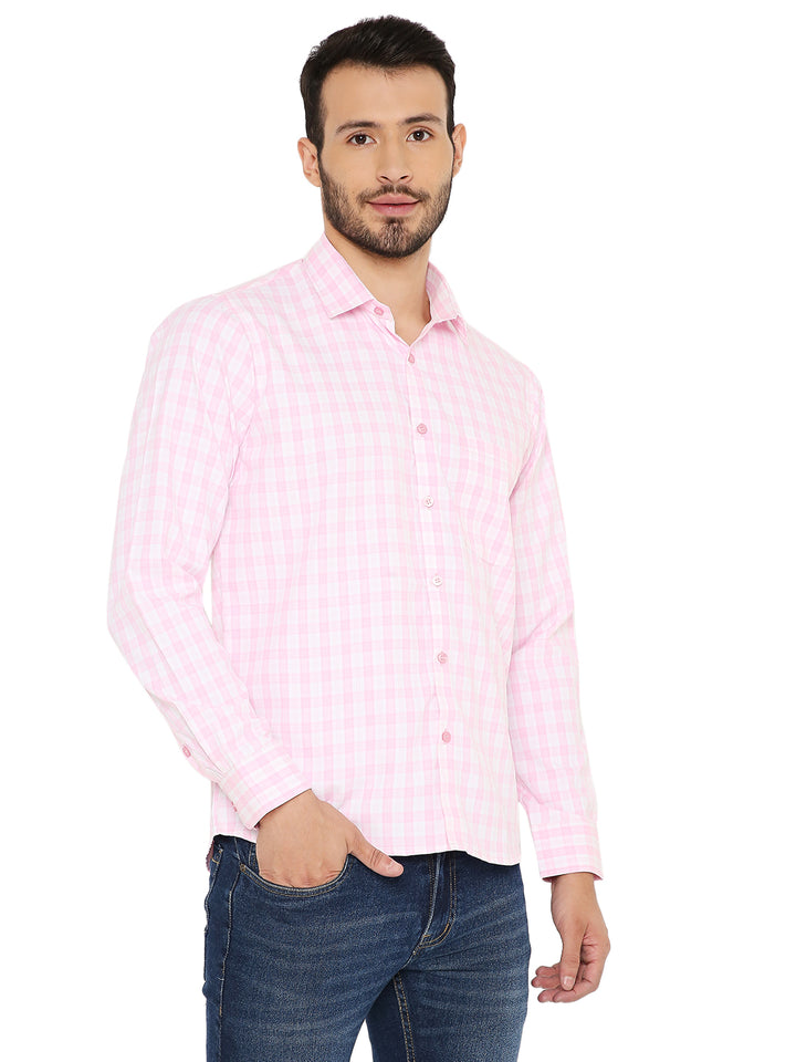 Men’s Light Pink Slim Fit Shirt with subtle checkered pattern, designed for a modern and stylish look.