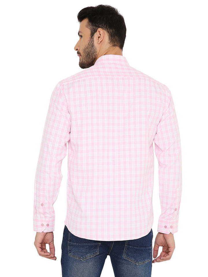 Back view of Light Pink Slim Fit Shirt with small checks, showcasing clean stitching and structured fit.