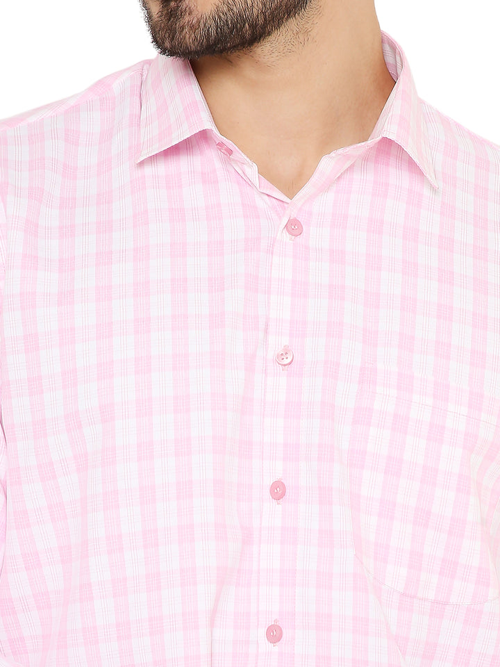 Close-up of Light Pink Slim Fit Shirt showing fine check pattern, soft fabric texture, and classic collar design.