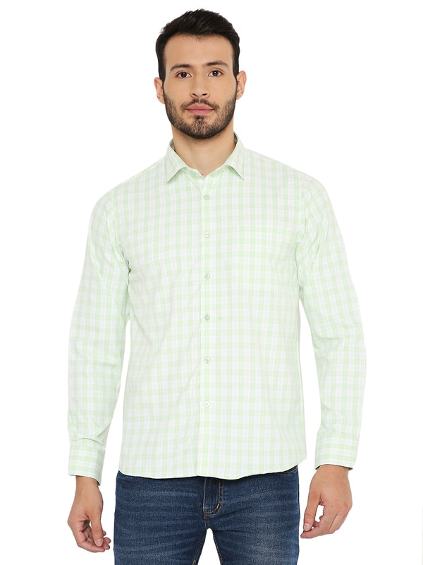 Slim Fit Light Green Shirt with small checks, long sleeves, and button-down front for men. Ideal for casual or semi-formal wear.