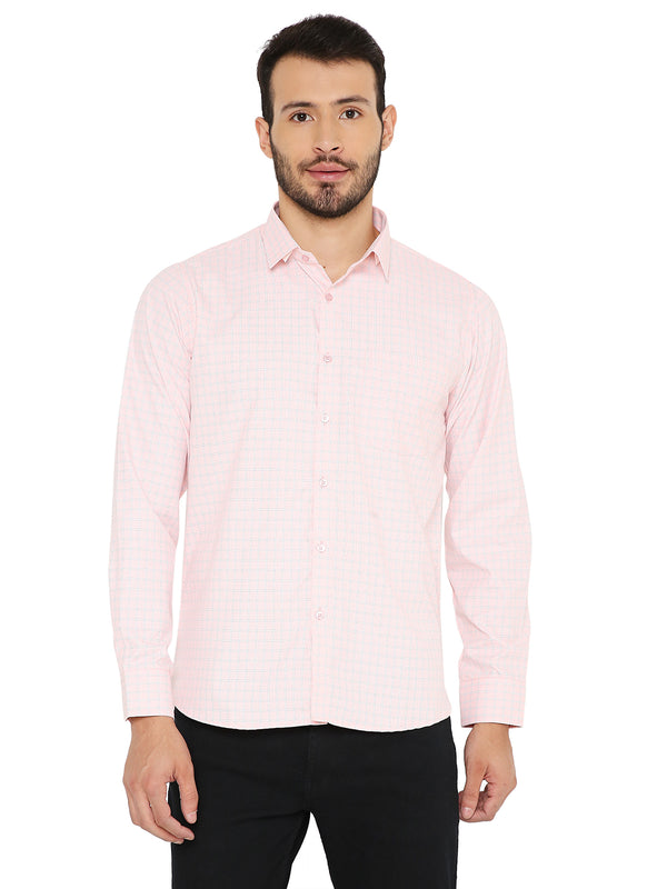 Peach Checkered Slim Fit Shirt with long sleeves and button-down front, ideal for stylish everyday wear and easy care maintenance.