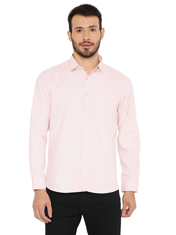 Peach Checkered Slim Fit Shirt with long sleeves and button-down front, ideal for stylish everyday wear and easy care maintenance.