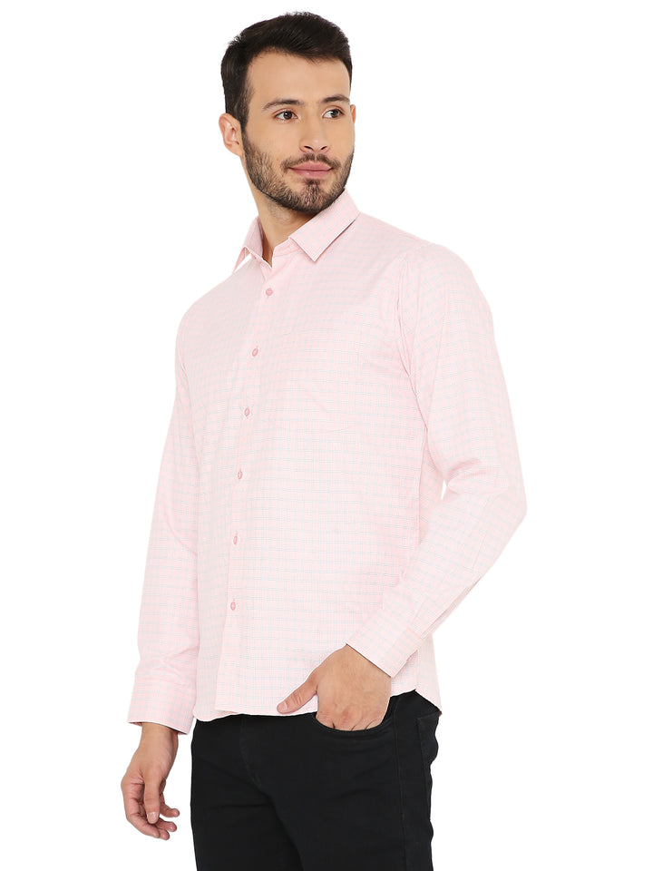 Side view of Peach Checkered Slim Fit Shirt showcasing tailored fit and soft fabric, perfect for casual and semi-formal occasions.