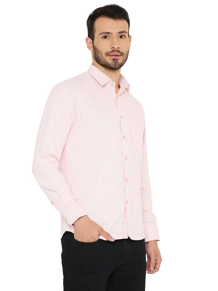Peach Checkered Slim Fit Shirt in a relaxed pose, highlighting its modern cut and breathable fabric for all-day comfort.