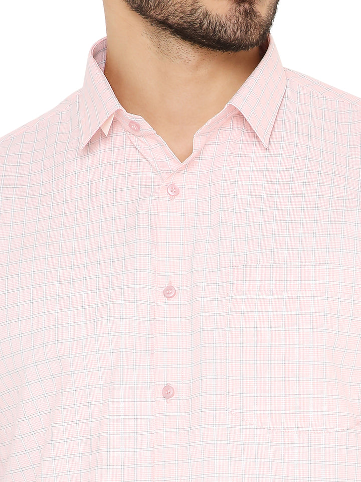 Close-up of Peach Checkered Slim Fit Shirt collar and button details, emphasizing fine stitching and soft checkered pattern.
