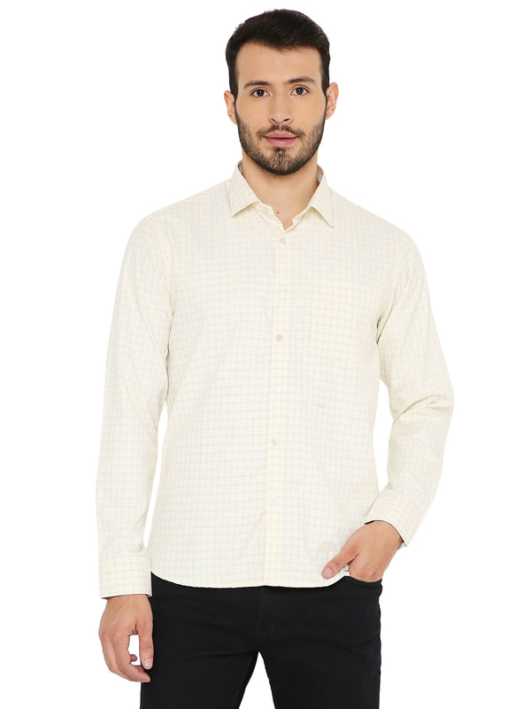 Yellow slim fit checkered shirt with long sleeves and button-down front, ideal for casual and semi-formal wear in men's clothing.