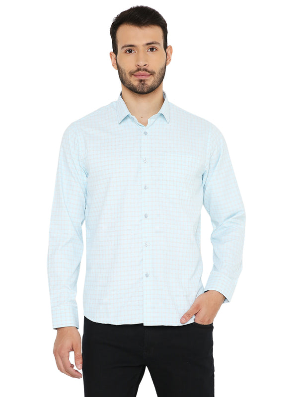 Slim Fit Checkered Shirt in Blue with long sleeves and front pocket, ideal for casual or office wear. Breathable, easy-care fabric for all-day comfort.