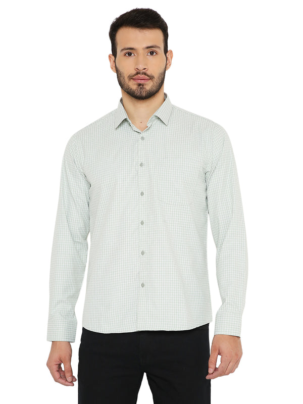 Green slim fit shirt with small checks, long sleeves, and button-down front, ideal for casual or office wear in men's apparel.
