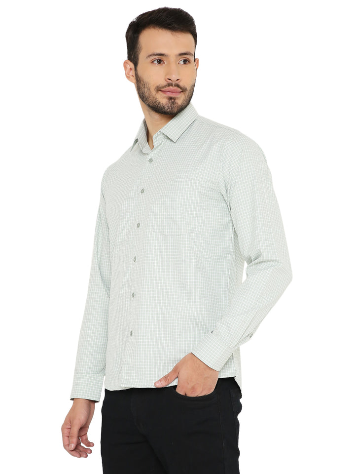Side view of green slim fit shirt with small check pattern, showcasing tailored fit and breathable fabric for stylish comfort.