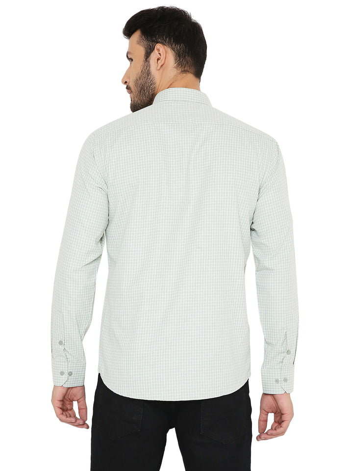 Back view of green slim fit shirt with small checks, featuring a clean finish and long sleeves for a polished look.