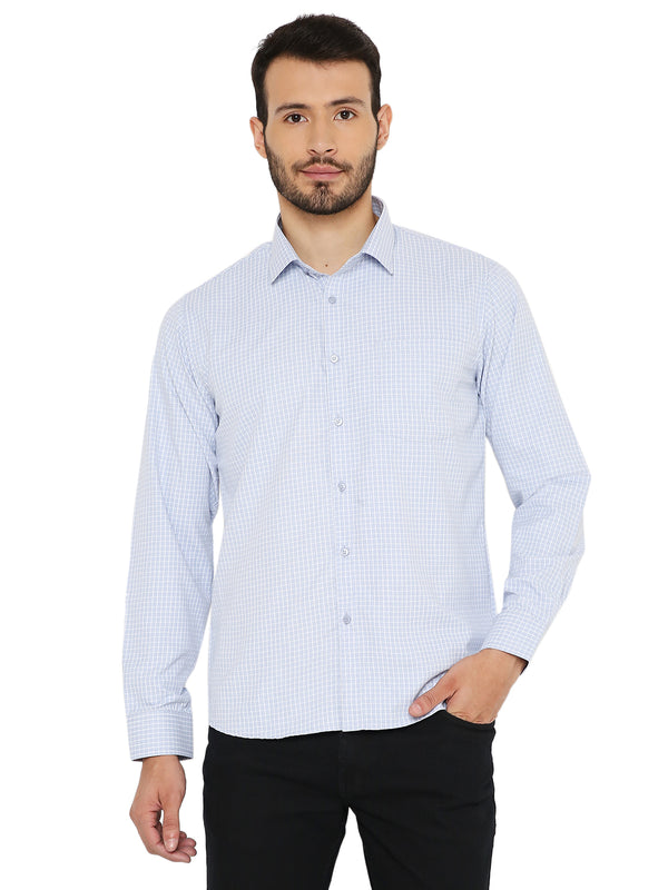 Slim Fit Blue Shirt with small checks, long sleeves, and button-down front, ideal for formal or casual wear. Crafted for comfort and easy care.