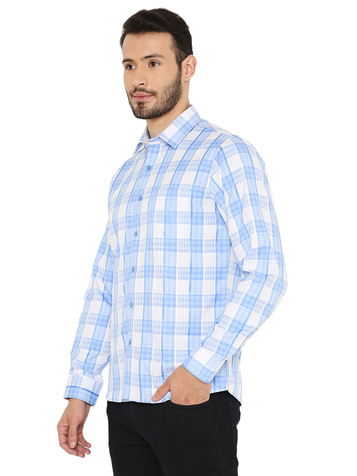 Side view of Slim Fit Checkered Shirt - Blue showing tailored fit and breathable fabric, perfect for stylish comfort and easy care.