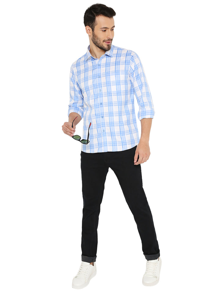 Full outfit featuring Slim Fit Checkered Shirt in Blue paired with black pants and white sneakers, showcasing versatile styling.