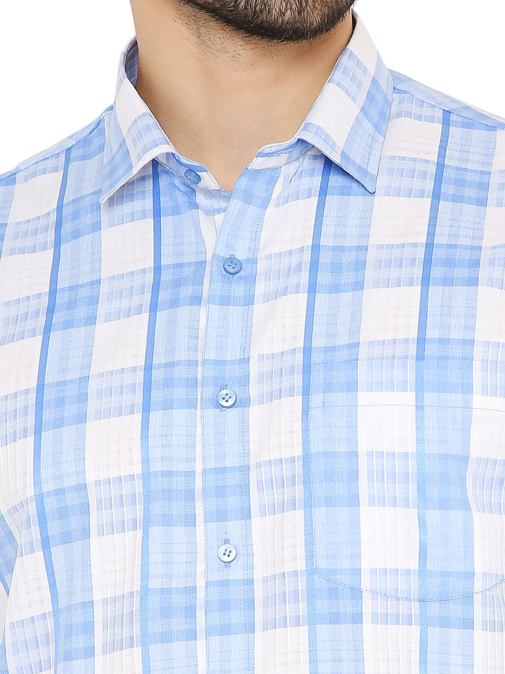 Close-up of Slim Fit Checkered Shirt - Blue showing fine check pattern, button details, and soft collar for premium comfort.