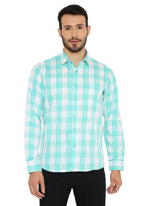 Green slim fit checkered shirt for men with long sleeves and button-up front, ideal for casual and semi-formal wear. Made in India.
