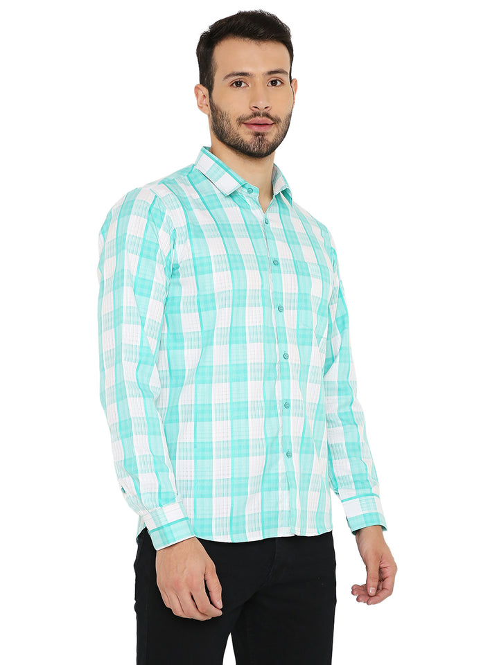 Side view of green slim fit checkered shirt for men, highlighting structured collar and modern fit for stylish everyday wear.