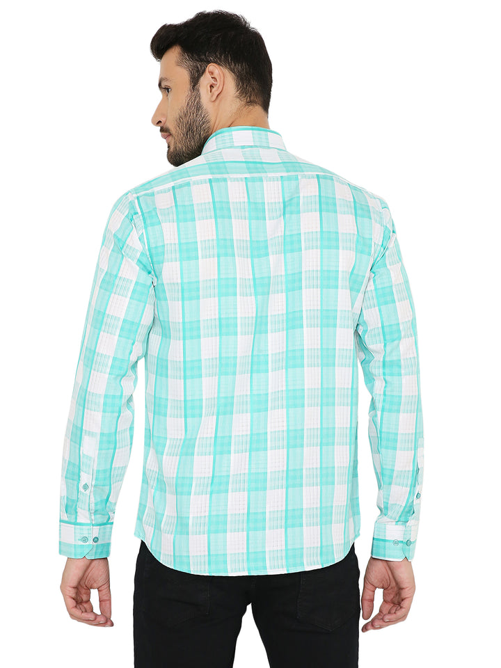 Back view of green checkered slim fit shirt for men, showing clean stitching and lightweight fabric for enhanced comfort.
