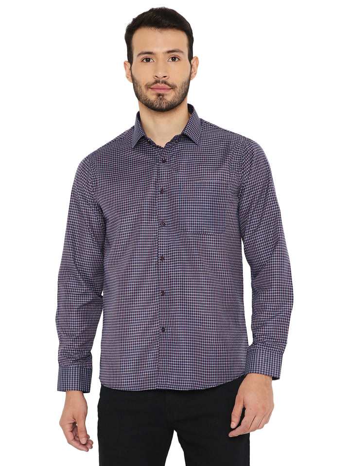 Slim Fit Checked Shirt - Dark Blue with long sleeves and front pocket, ideal for casual and semi-formal wear in men's apparel.