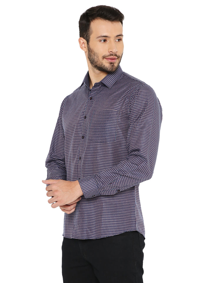 Dark Blue Slim Fit Checked Shirt featuring breathable fabric and prewashed finish, styled for a modern, tailored look.