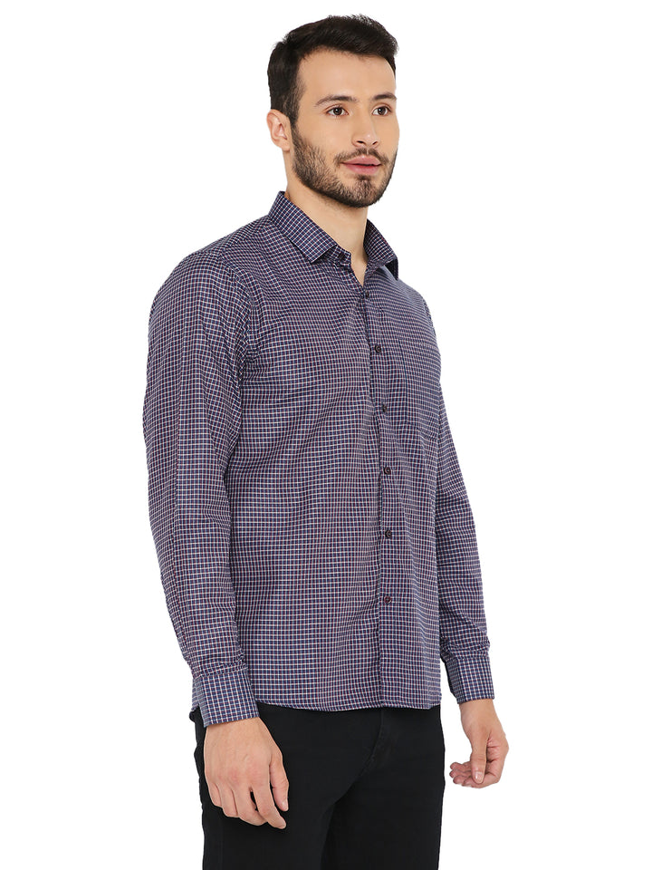 Men's Slim Fit Checked Shirt in Dark Blue shown from side angle, offering a sharp silhouette and comfortable fit.