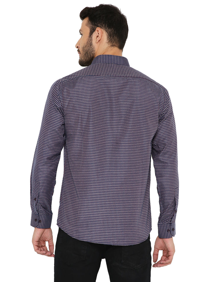 Back view of Slim Fit Checked Shirt - Dark Blue, showcasing clean tailoring and checkered pattern for versatile styling.