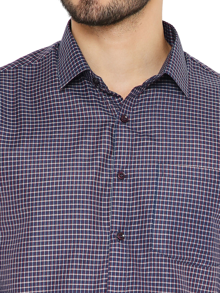 Close-up of Dark Blue Slim Fit Checked Shirt highlighting fine check pattern, button details, and soft prewashed fabric.