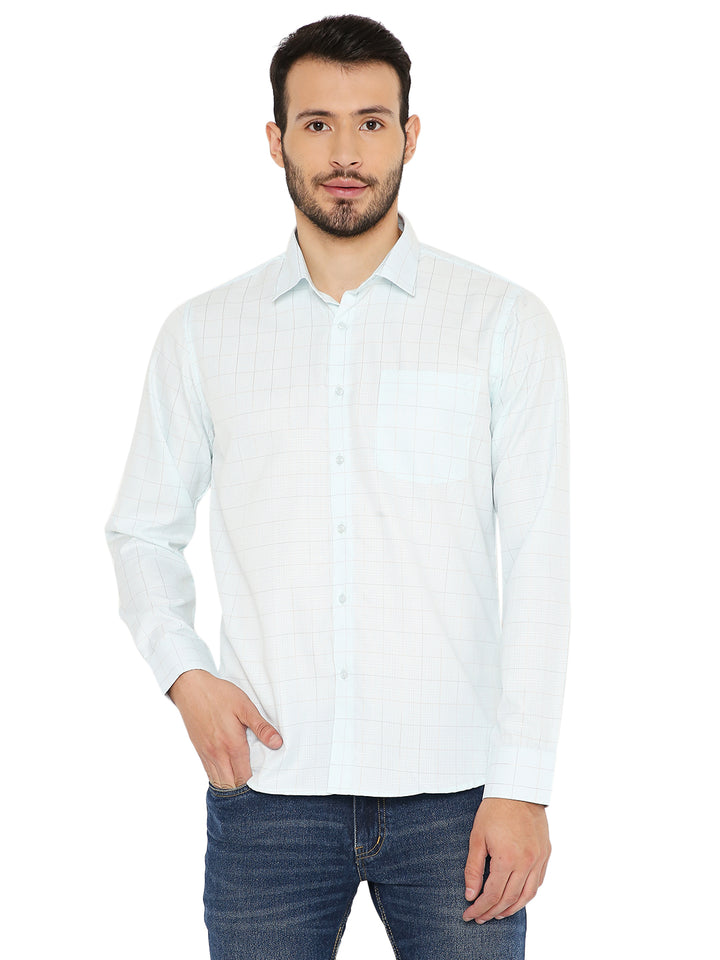 Slim Fit Checkered Shirt - Light Blue with long sleeves and front pocket, ideal for casual or office wear. Breathable fabric for all-day comfort.