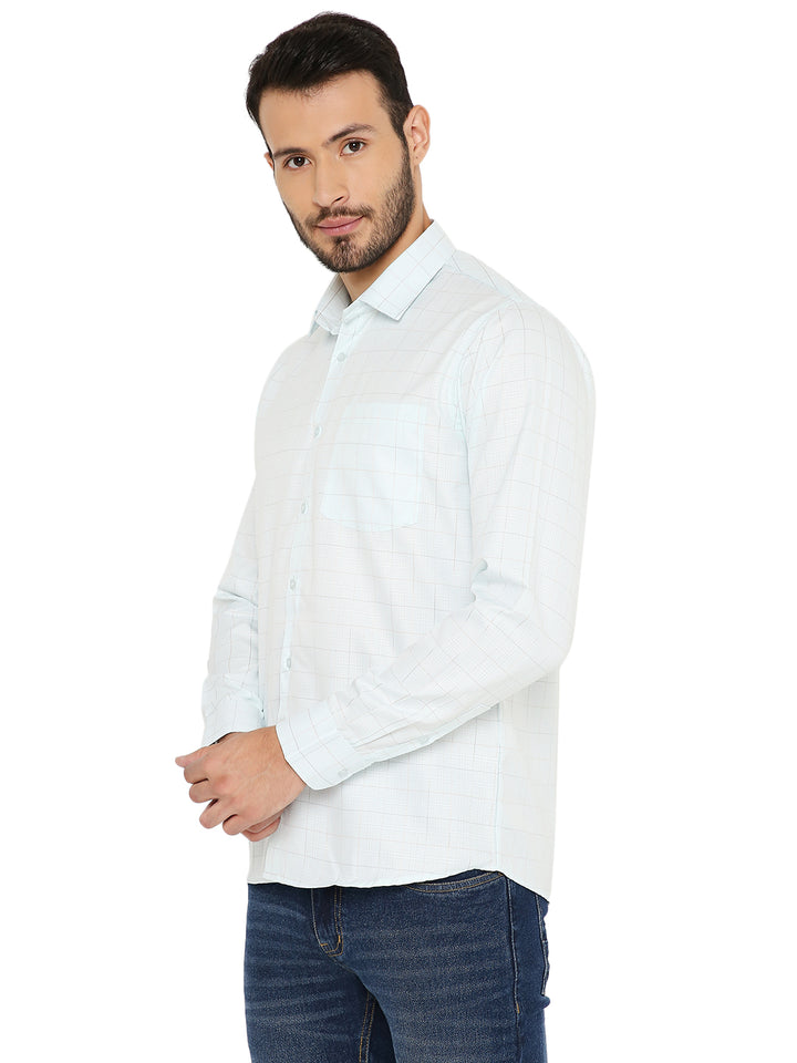 Side view of Slim Fit Checkered Shirt - Light Blue, showcasing tailored fit and soft check pattern. Perfect for modern, stylish looks.