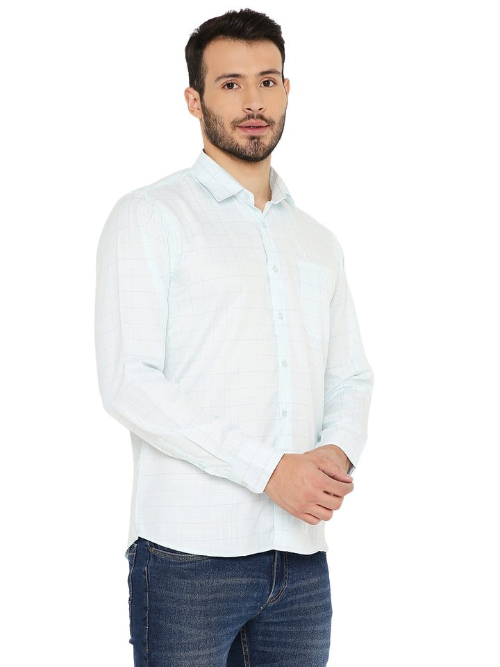 Slim Fit Checkered Shirt - Light Blue in a relaxed pose, highlighting button-down front and breathable material. Great for everyday wear.
