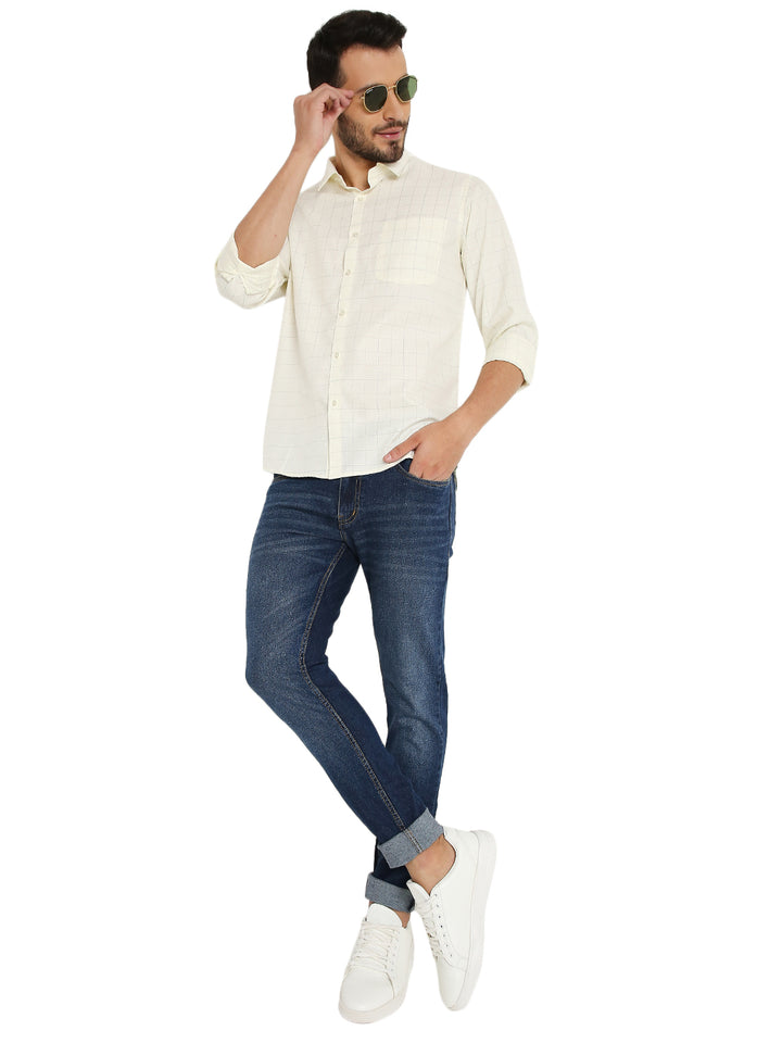 Full outfit view featuring Slim Fit Checkered Shirt - Maharaja Collection paired with jeans and sneakers, ideal for smart casual style.
