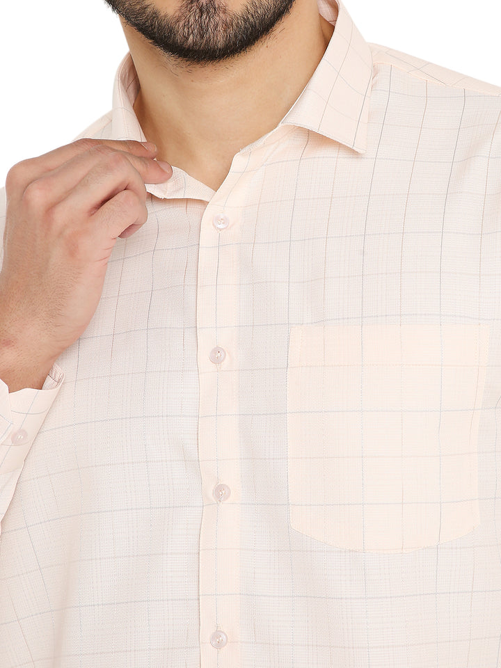 Close-up of Slim Fit Checkered Shirt - Orange Maharaja, showing fine check pattern, soft texture, and front chest pocket.