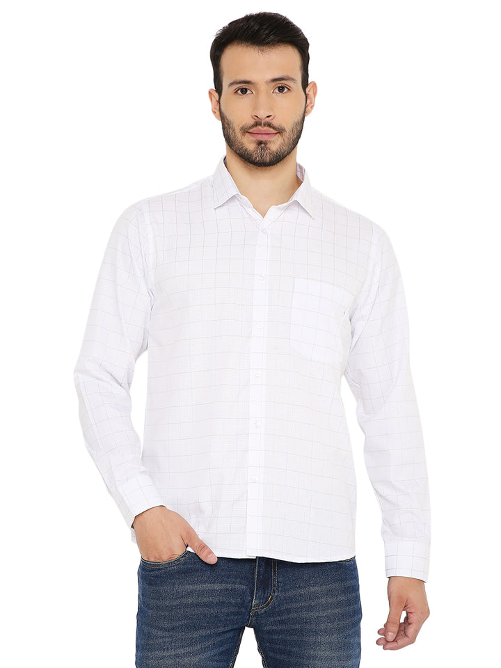 Slim Fit White Checkered Shirt - Maharaja Shirt with long sleeves and front pocket, ideal for casual and formal wear in men's clothing.