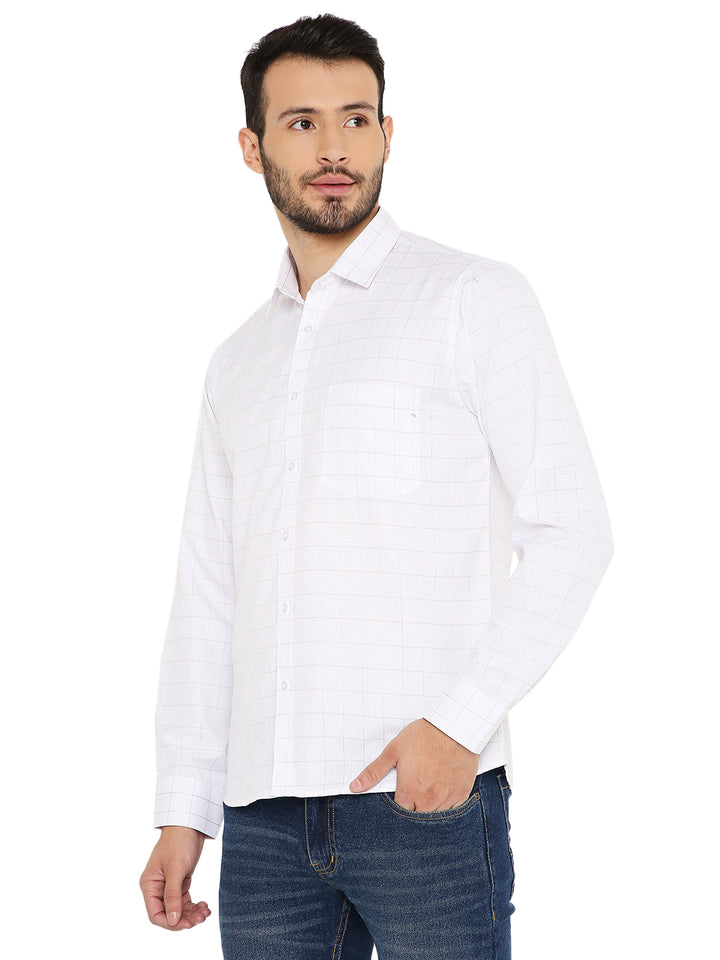 Maharaja Slim Fit White Checkered Shirt featuring a classic collar and breathable fabric, perfect for stylish comfort in men's apparel.