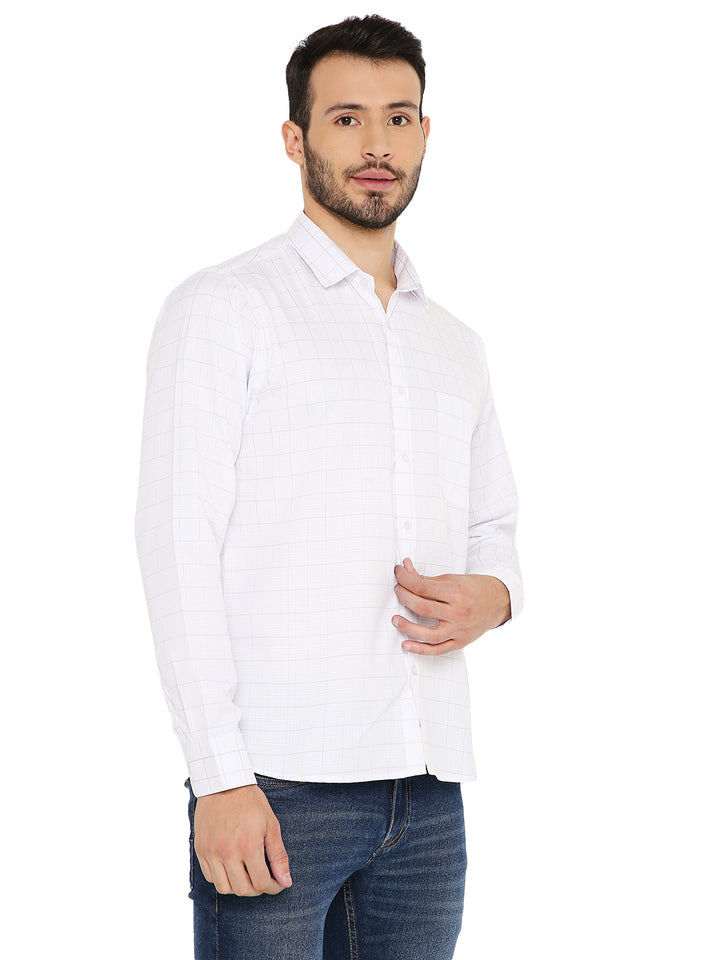 Side view of Slim Fit White Checkered Shirt by Maharaja, showcasing tailored fit and soft texture for everyday elegance.