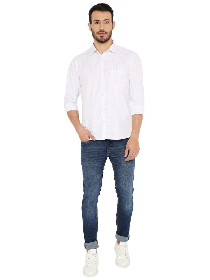 Full body view of Slim Fit White Checkered Shirt - Maharaja Shirt paired with jeans, highlighting versatile styling for modern men.