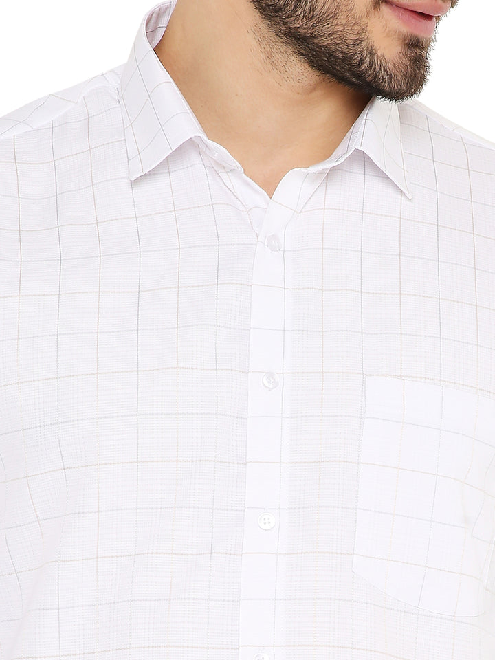 Close-up of collar and chest pocket on Maharaja Slim Fit White Checkered Shirt, emphasizing fine check pattern and premium stitching.