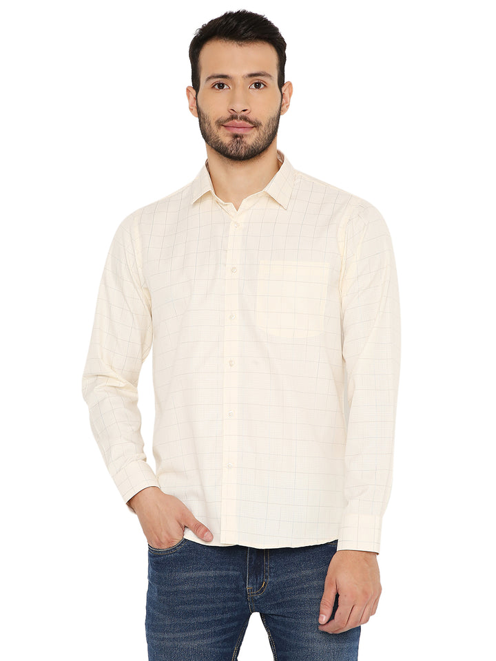 Slim Fit Yellow Shirt with subtle checkered pattern, long sleeves, and front pocket, ideal for casual and semi-formal wear.