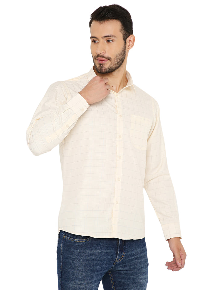 Men's Slim Fit Yellow Shirt with fine check design, crafted for comfort and easy care, suitable for office or casual outings.