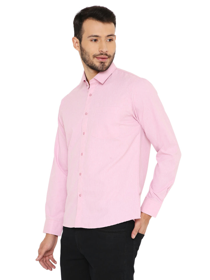 Side view of Maharaja Slim Fit Solid Bright Pink Shirt showcasing tailored fit and breathable fabric for all-day comfort.