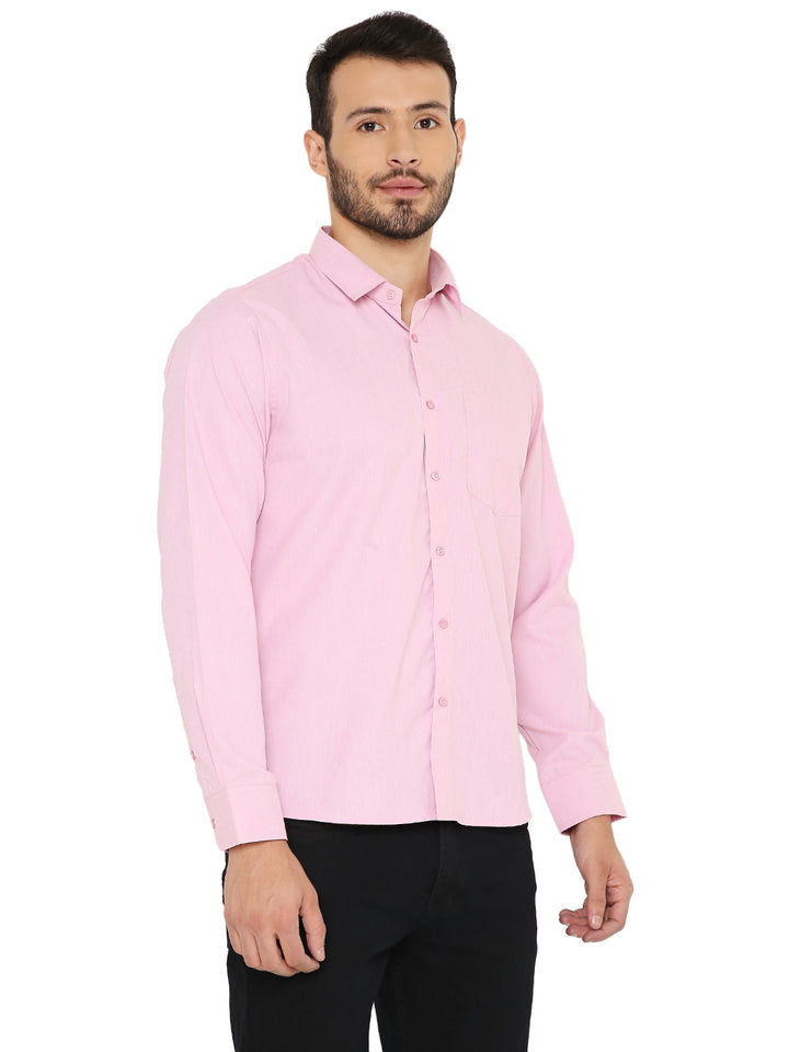 Angled front view of Maharaja Pink Shirt - Slim Fit Solid, highlighting its easy-care fabric and classic collar style.