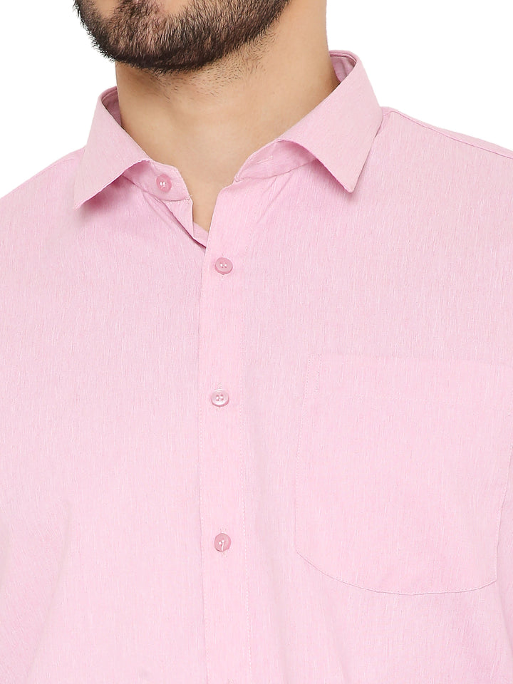 Close-up of Maharaja Pink Shirt collar and chest pocket, emphasizing fine texture and button detailing in solid bright pink.