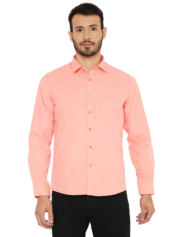Slim fit peach shirt for men with long sleeves and chest pocket, ideal for casual and office wear in breathable fabric.