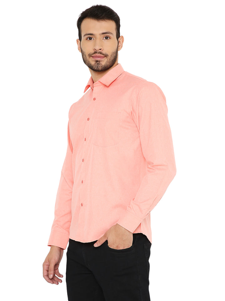 Side view of slim fit peach shirt for men, showcasing tailored fit and button-down front, perfect for stylish everyday wear.
