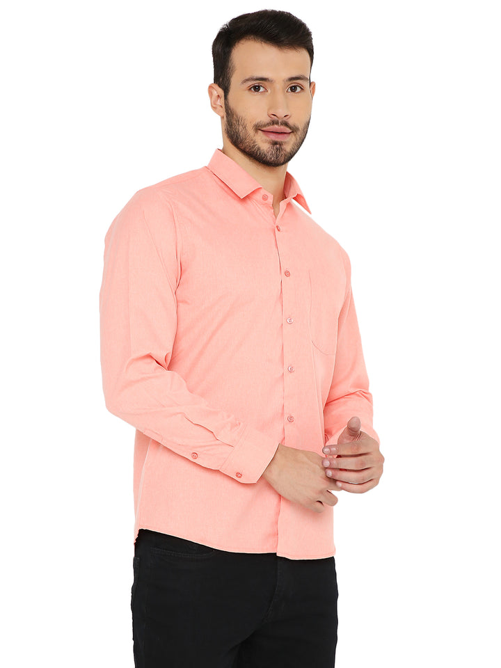 Slim fit solid peach shirt for men in breathable fabric, featuring a modern cut and easy-care design for versatile styling.