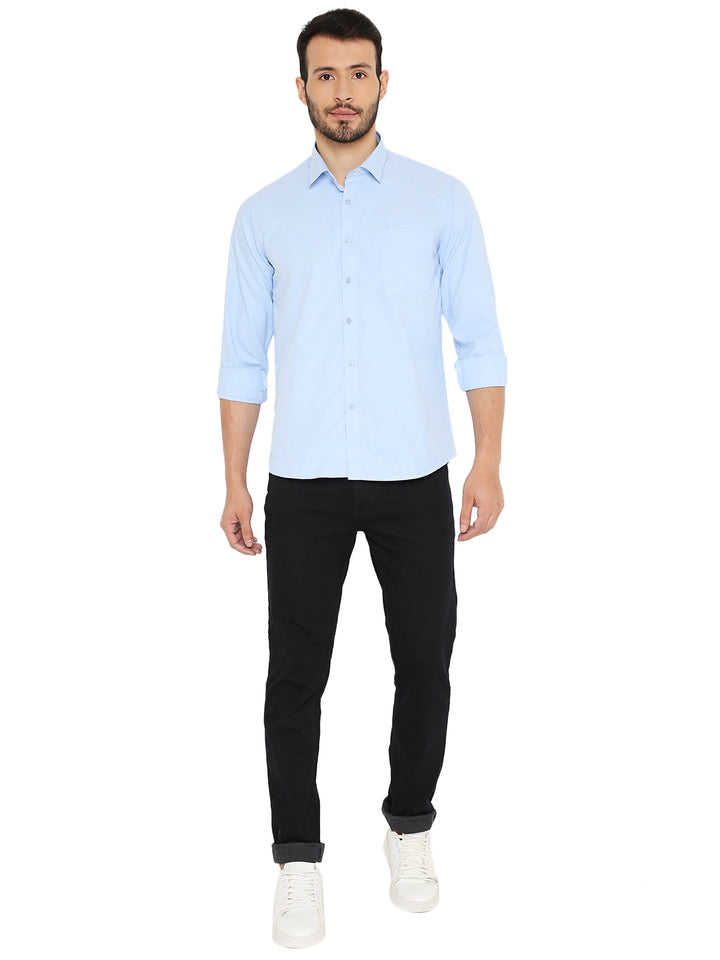 Full body view of Slim Fit Blue Shirt paired with black pants, perfect for office or smart-casual occasions with all-day comfort.