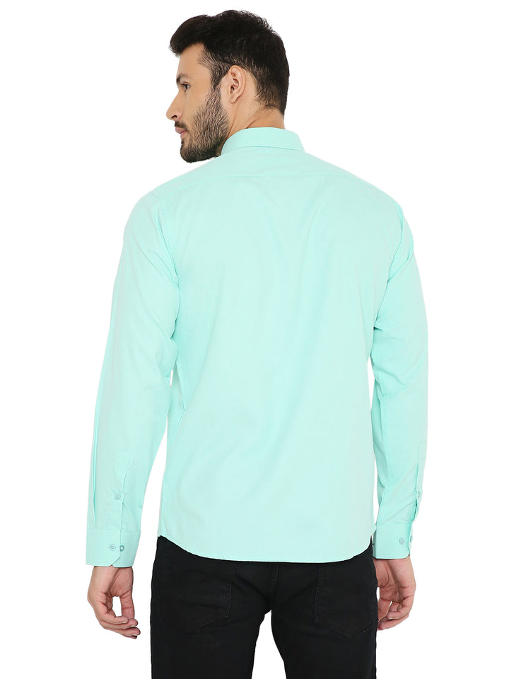 Back view of slim fit bright green shirt showing structured fit and long sleeves. Perfect for layering or standalone wear.